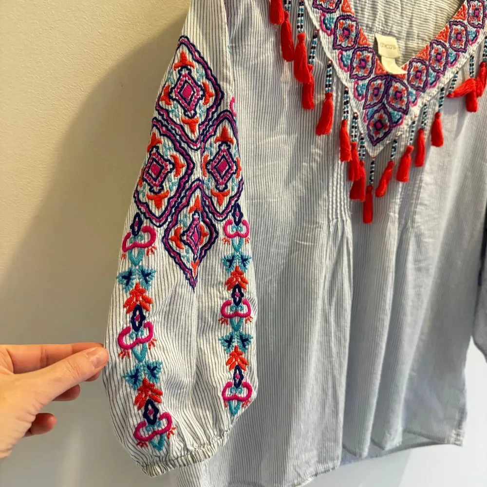 CHICO'S Pinstriped Embroidered Tassel Trim Beaded Peasant Top Size 3P Large Boho - Picture 7 of 11